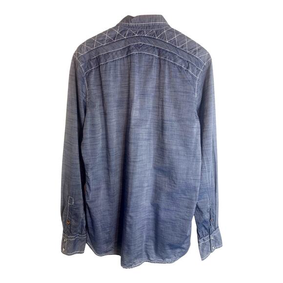 The Buckle Black Blue Denim Long Sleeve Pearl Snap Shirt Embroidered Lt Weight L - Picture 2 of 7